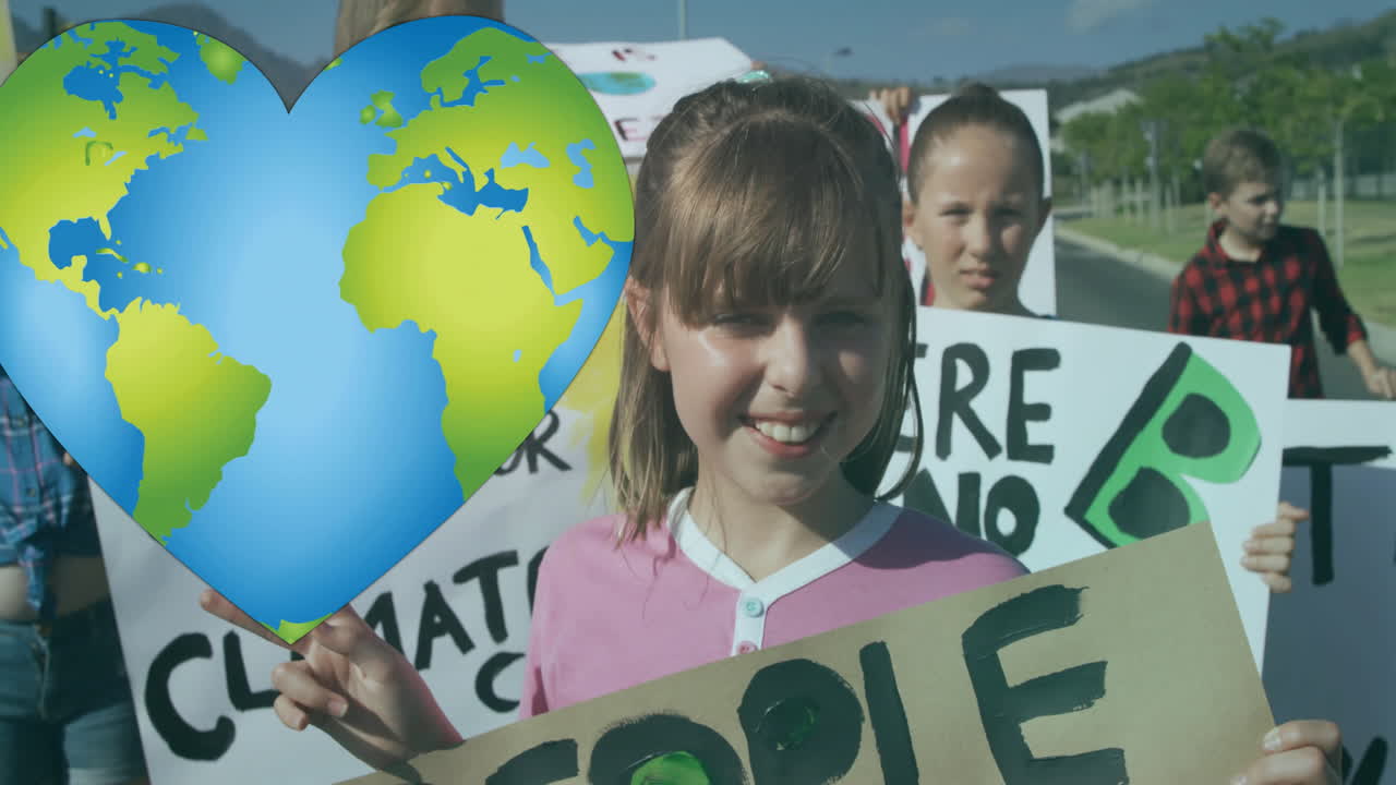 Animation of heart shaped earth over caucasian children with climate change signs on protest march