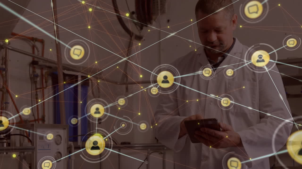 animación de una red de conexiones con iconos sobre un médico caucásico usando una tableta