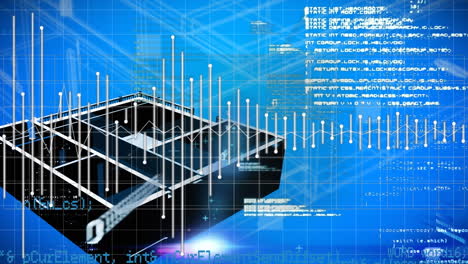 Animation of 3d house models developing on digital interface with coding and abstract pattern