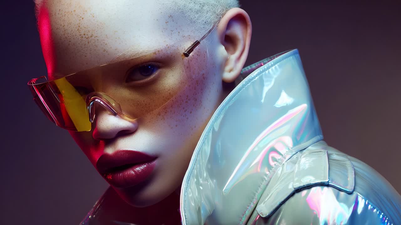 Portrait futuriste d’un mannequin aux traits distinctifs, portant d’élégantes lunettes de soleil et une veste brillante, illuminé par des couleurs vives créant une ambiance artistique