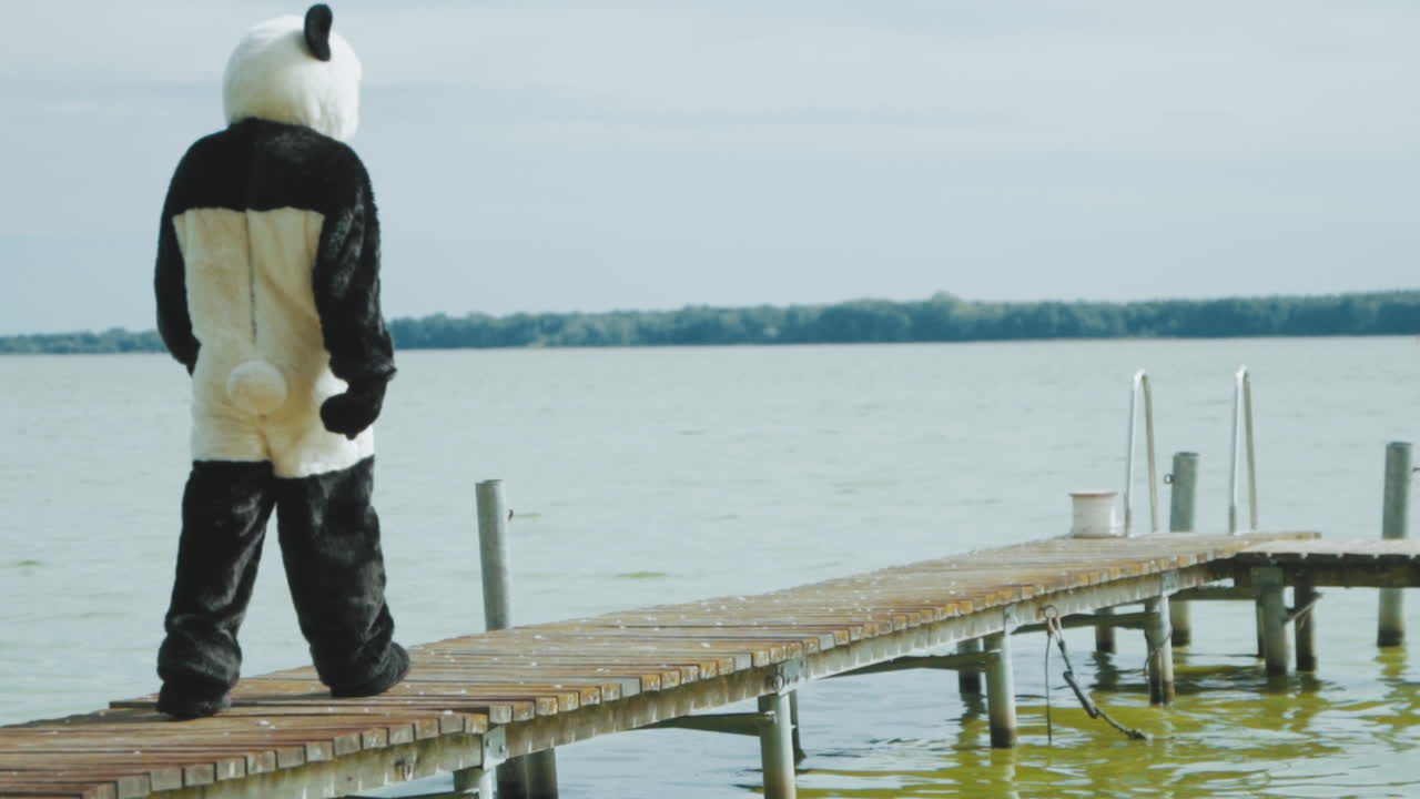 Wide shot from behind of a guy in Panda costume working out on a pier at a lake