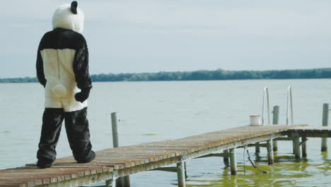 wide shot from behind of a guy in panda costume working out on a pier at a lake
