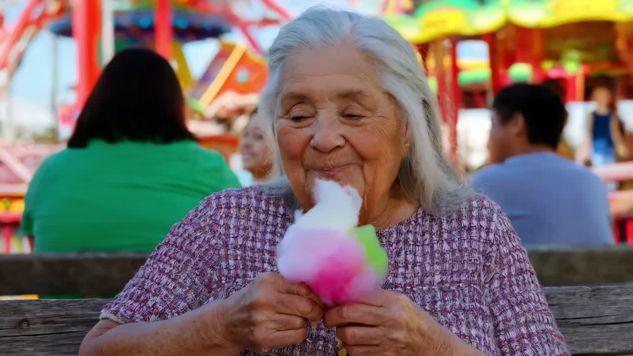 mujer anciana disfrutando de azúcar de algodón en una feria