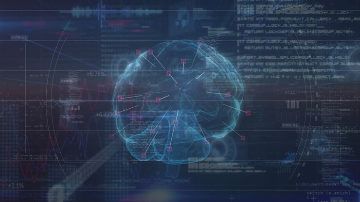Animation of brain with network of connections and data processing on blue background
