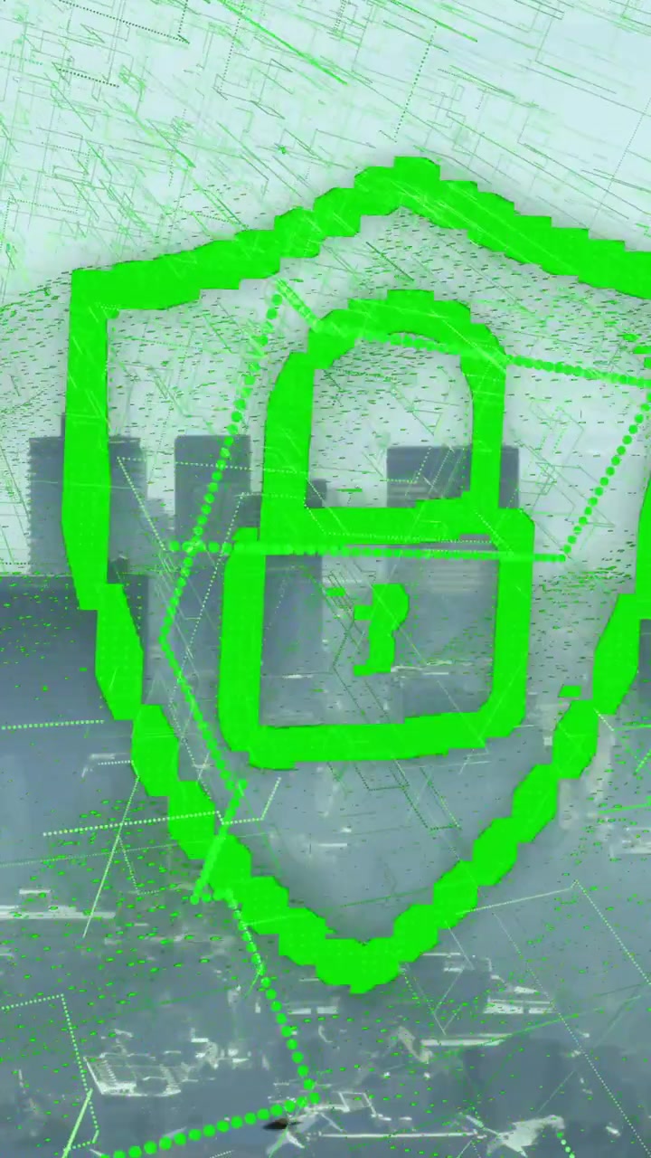 Digital security lock animation over cityscape with green data patterns