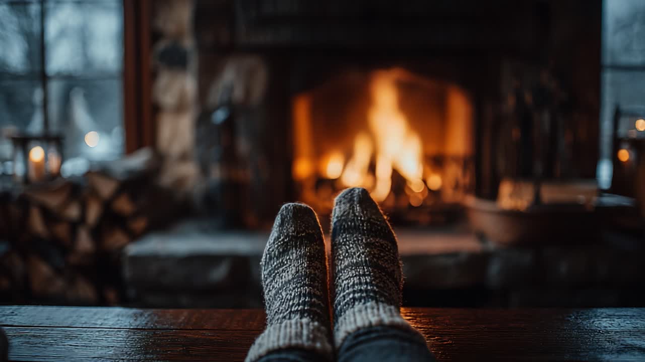 Cozy Indoor Scene: A Person's Warm Socks Resting by a Crackling Fireplace, Surrounded by a Charming Winter Atmosphere with Flickering Lights and Soft Textures
