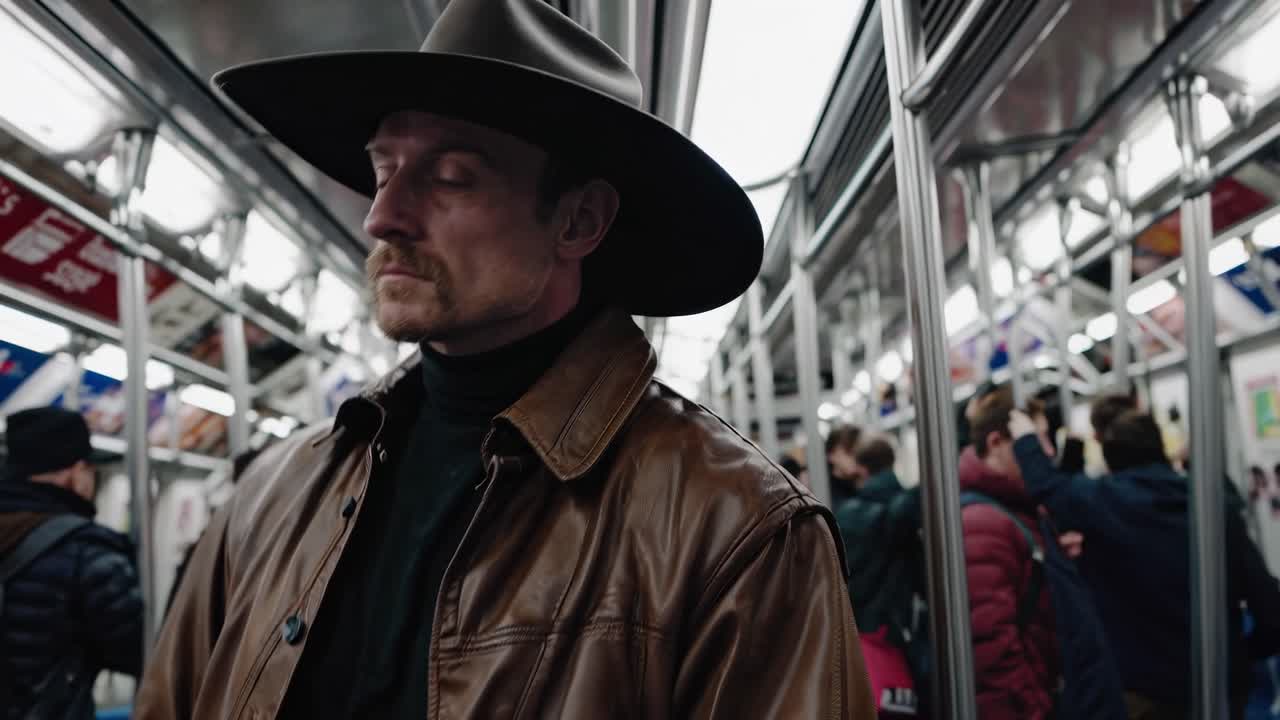 Cowboy with mustache wearing a brown leather jacket and a gray hat is standing on a moving subway train, seemingly lost in thought, surrounded by other passengers
