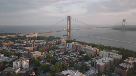 aerial view of the verrazzano-narrows bridge at dusk. shot in brooklyn, new york on a summer day