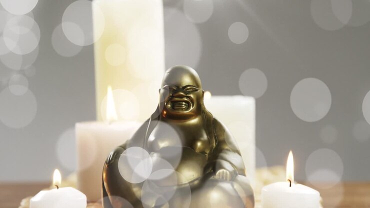 Animazione di punti luce bianchi sulla statua di Buddha e sulle candele.