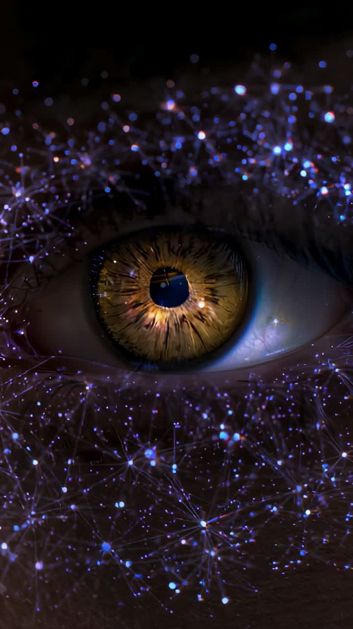 Vertical video: Particle field appearing, human eye holding gaze in studio closeup, iris shifting