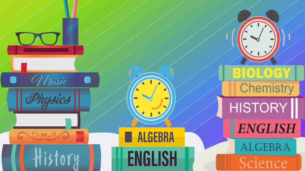animación de relojes, bolígrafos y gafas en pilas de libros educativos sobre un fondo colorido