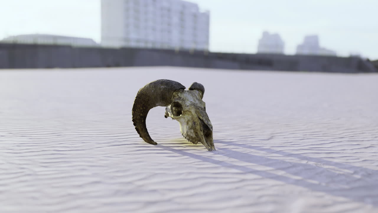 Ram skull rests on flowing sands under a soft haze of the setting sun
