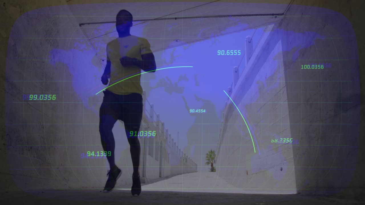 Male runner jogging using smartphone activating map overlay and arcs monitoring fitness in corridor