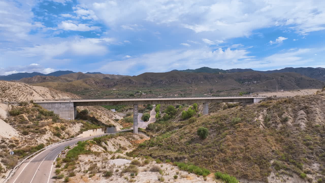 Aerial over new rail bridge for the AVE Murcia to Almeria high speed railway line