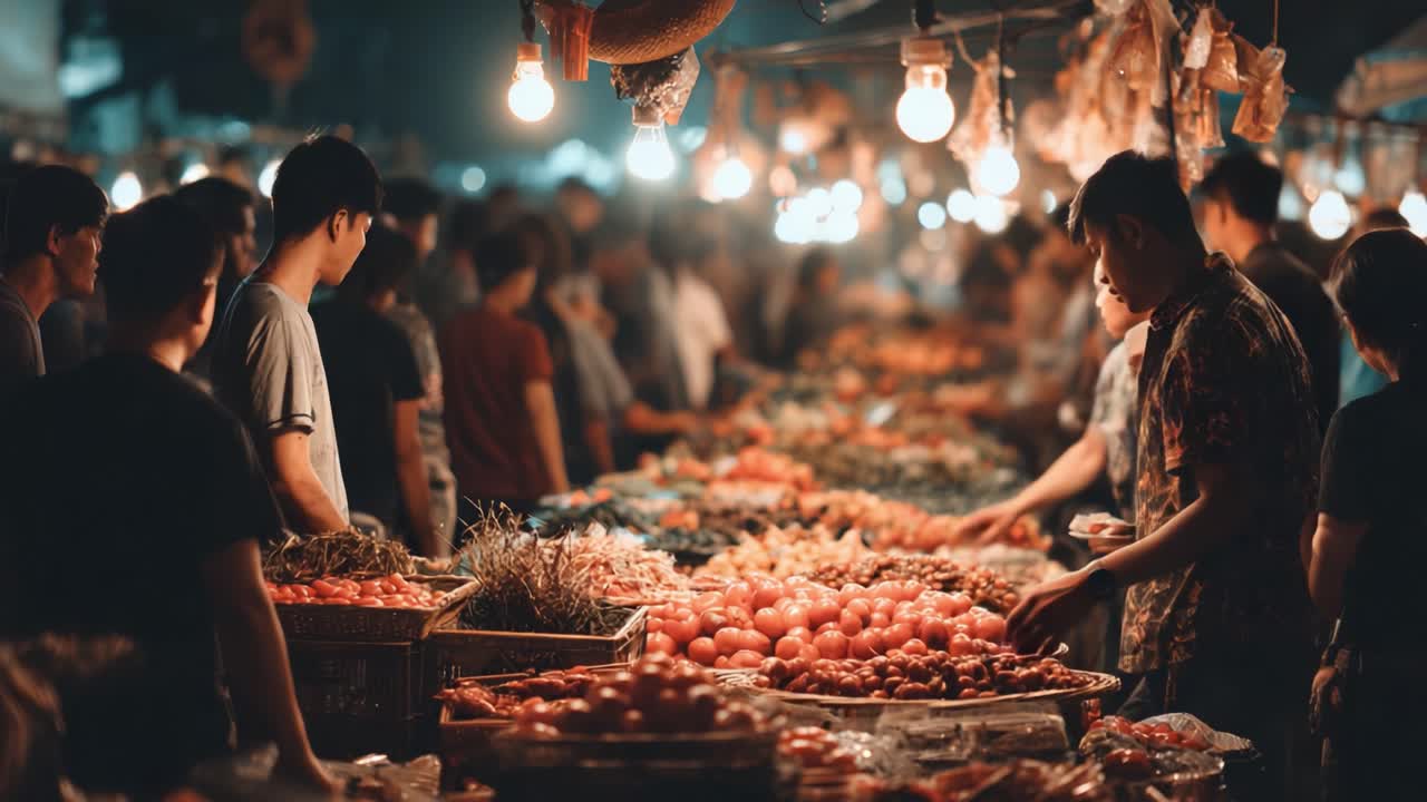 Vibrant Night Market Scene Featuring a Bustling Crowd of Shoppers Engaging with Fresh Produce under Soft Lighting, Capturing the Energy of a Lively Atmosphere
