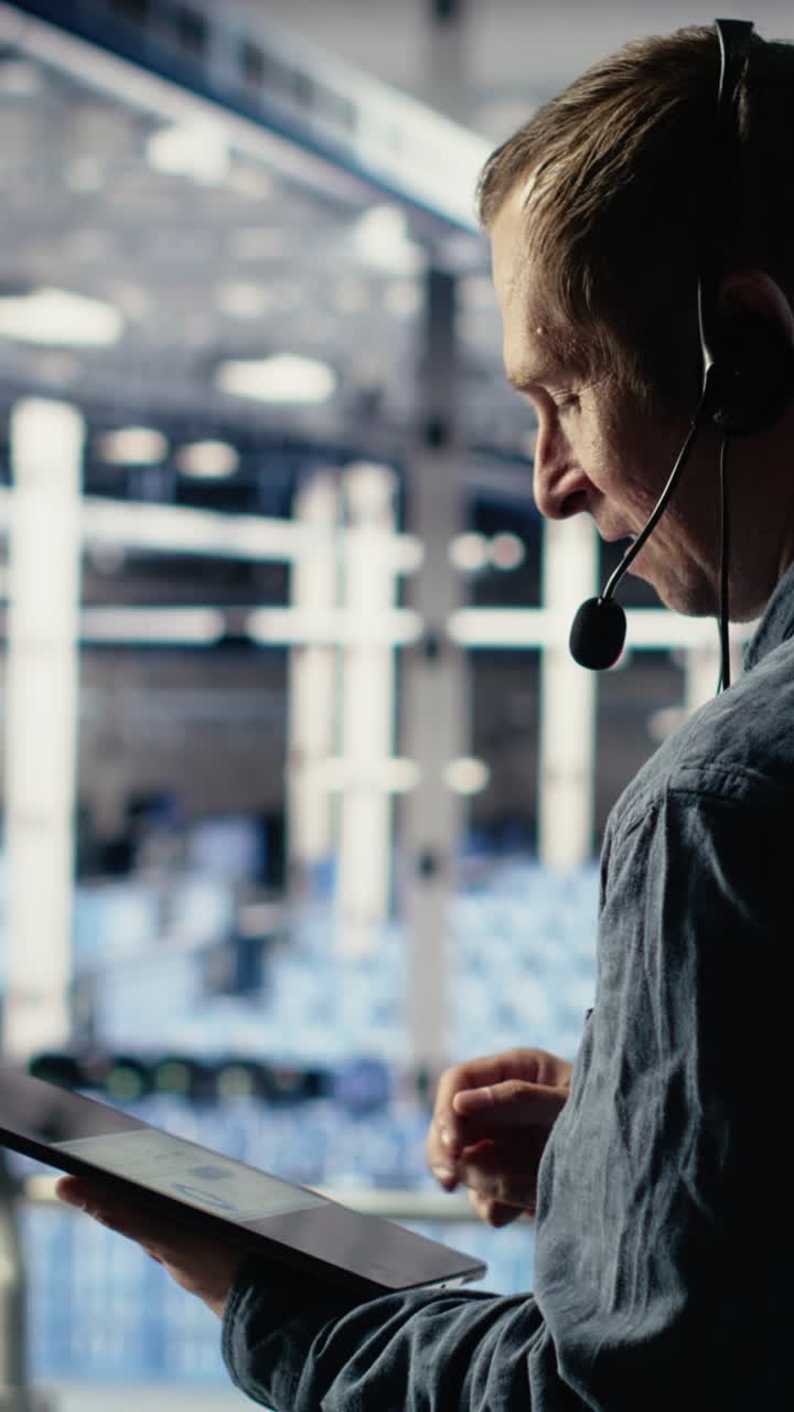 Vertical Video Data Center Admin Talking In Audio Headset Mic, Helping Clients