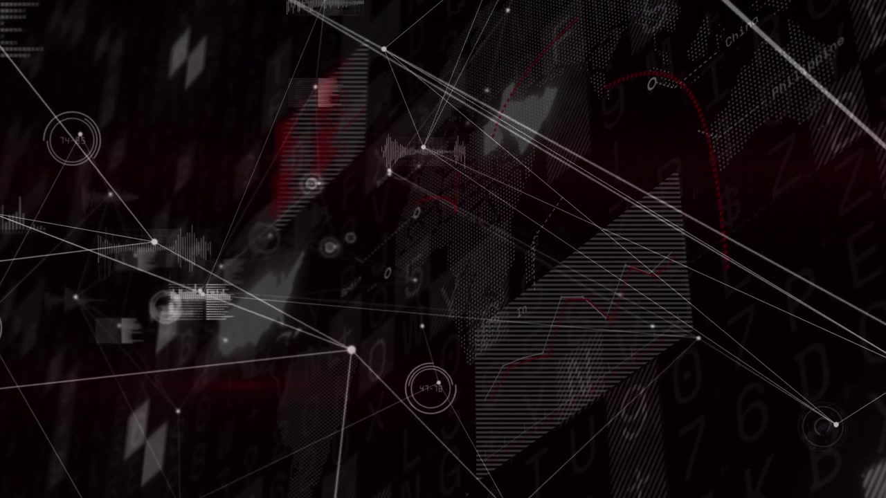 White nodes appearing over alphanumeric grid stretching lines and pulsing widgets forming mesh