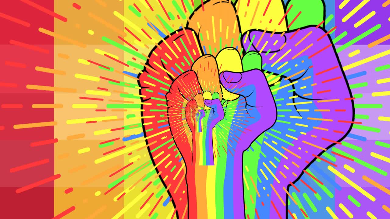 animación de puños de arco iris sobre el fondo del arco iris