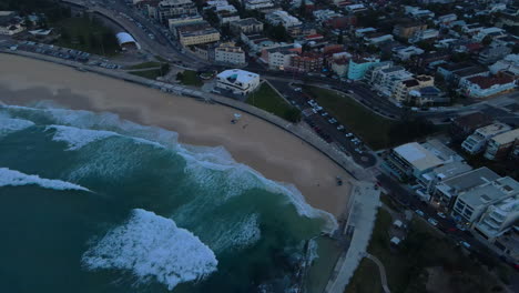 High-Evening-Drone-shot-of-Bondi-beach-at-dusk