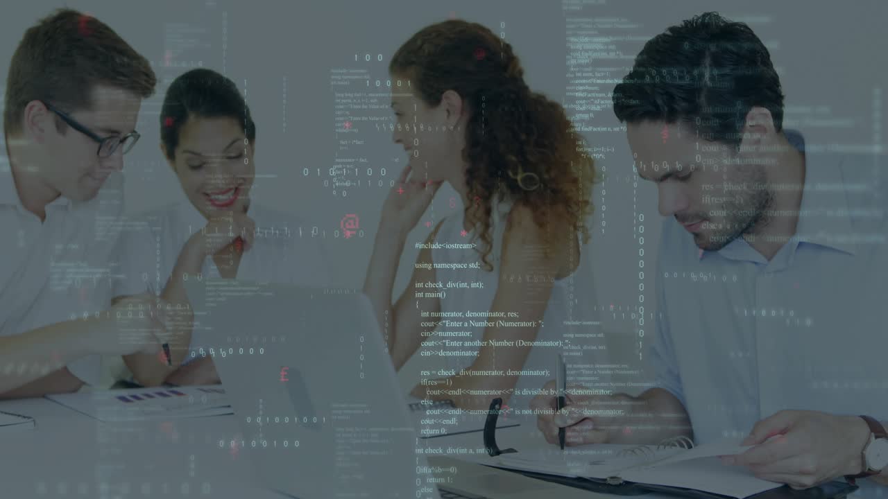 Team following man pointing charts analyzing data taking notes with overlay guiding business review