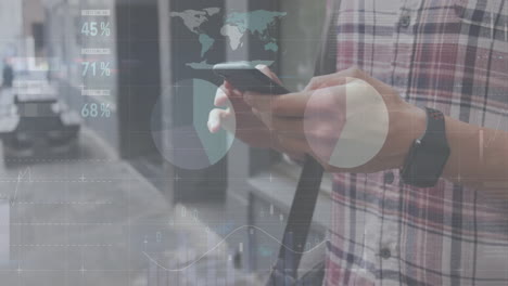 animación de procesamiento de datos financieros sobre hombre caucásico con teléfono inteligente en movimiento