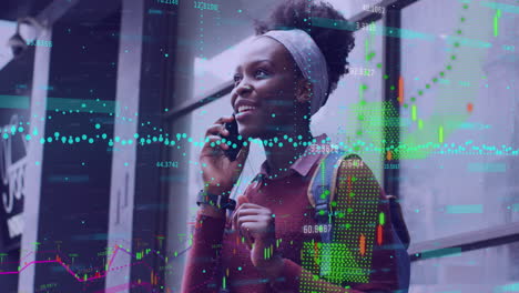 animation of financial data processing over woman using smartphone