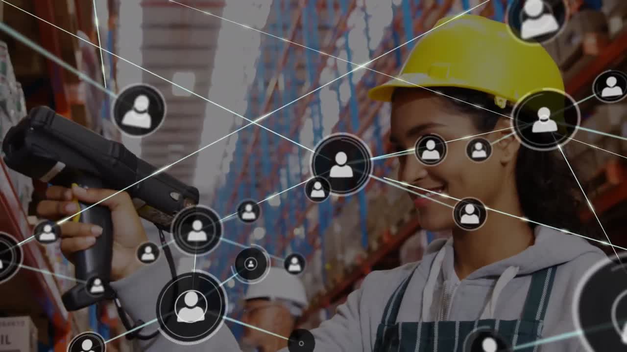 animación de la red de conexiones entre diversos trabajadores en el almacén