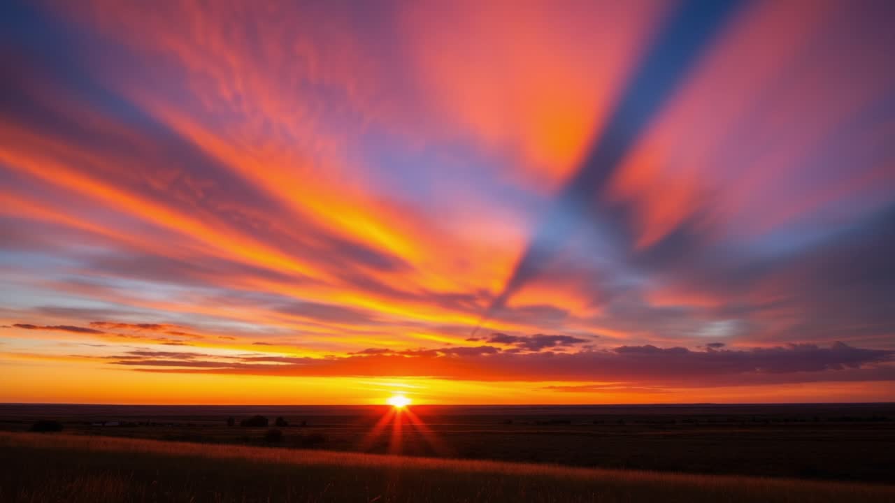 Breathtaking Sunset Over Landscape with Vibrant Orange and Blue Skies, Showcasing Nature's Artistry and the Transition from Day to Night