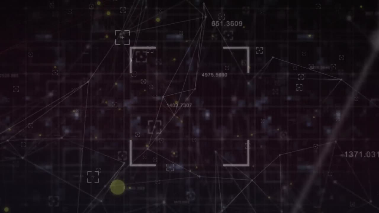 Animation of viewfinders over connected dots with lines and changing numbers on black background