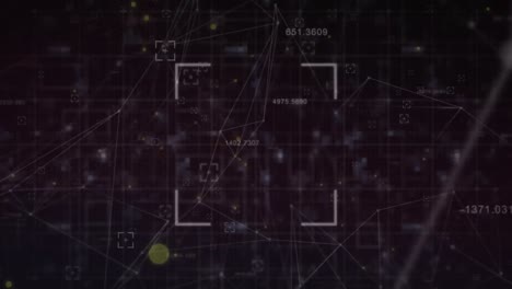 animación de visores sobre puntos conectados con líneas y números cambiantes sobre fondo negro