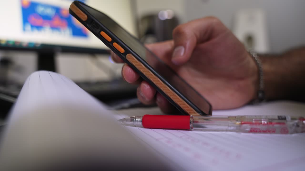Close-up de uma mão segurando um smartphone sobre um caderno aberto em uma mesa, com uma caneta vermelha e monitor desfocado em um espaço de trabalho interno sob iluminação suave