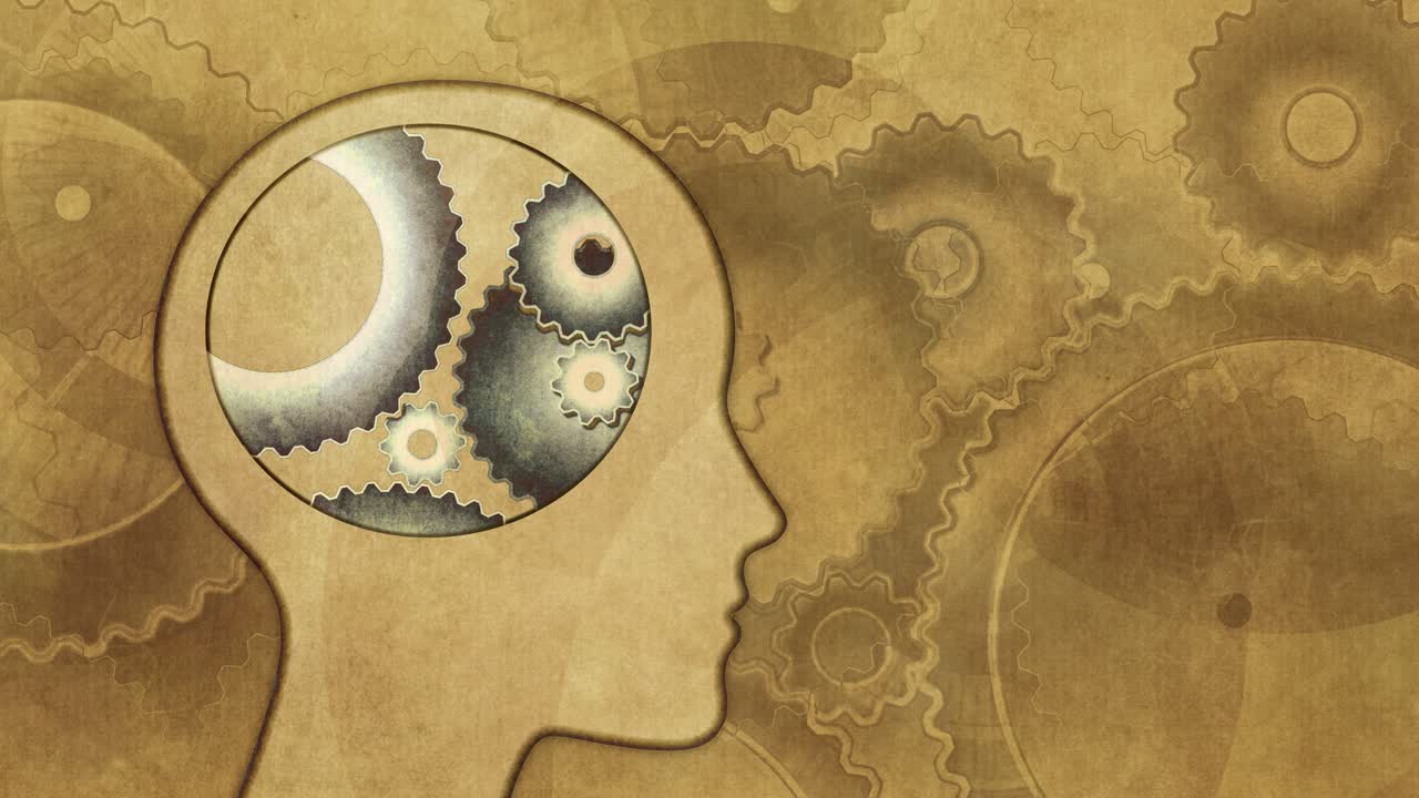human head silhouette in profile with internal gears and cogs, mechanical thinking, knowledge, complex thought, artificial intelligence, problem solving and psychology