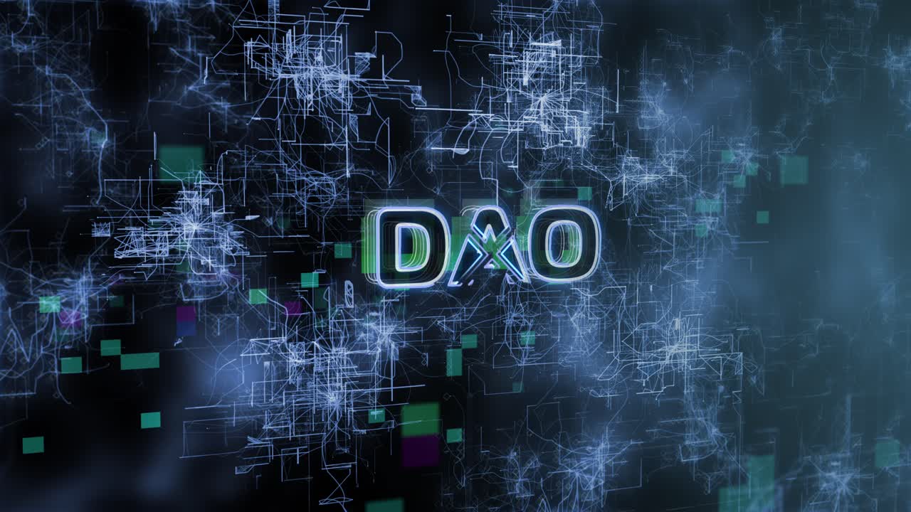 el texto del concepto dao revela la animación con la representación 3d de fondo abstracto digital para web 3, blockchain, metaverse, cryptocurrency