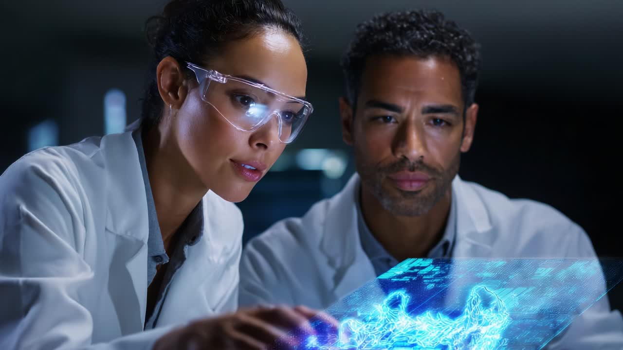 In a cutting-edge lab, a diverse team of scientists collaborates intensely as they analyze advanced data using futuristic holographic technology, showcasing innovation and teamwork in the pursuit of knowledge and discovery