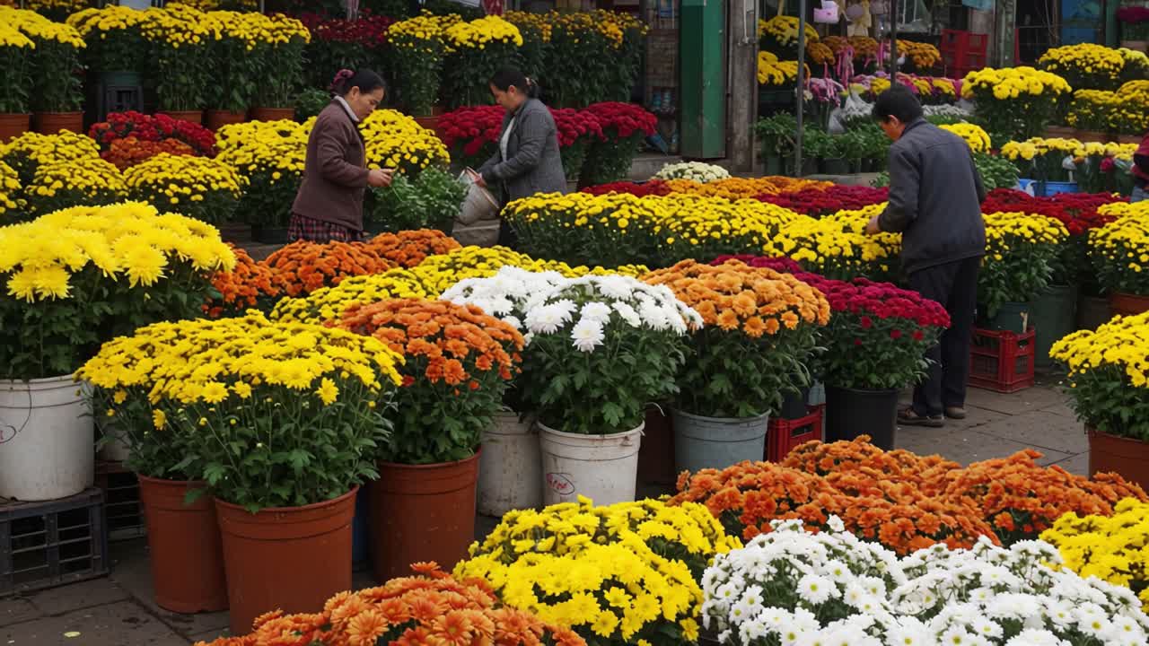 Vibrant Chrysanthemum Marketplace: An Exciting Scene of Florists Engaged in Arranging and Selecting Colorful Flower Bunches in a Flourishing Flower Market