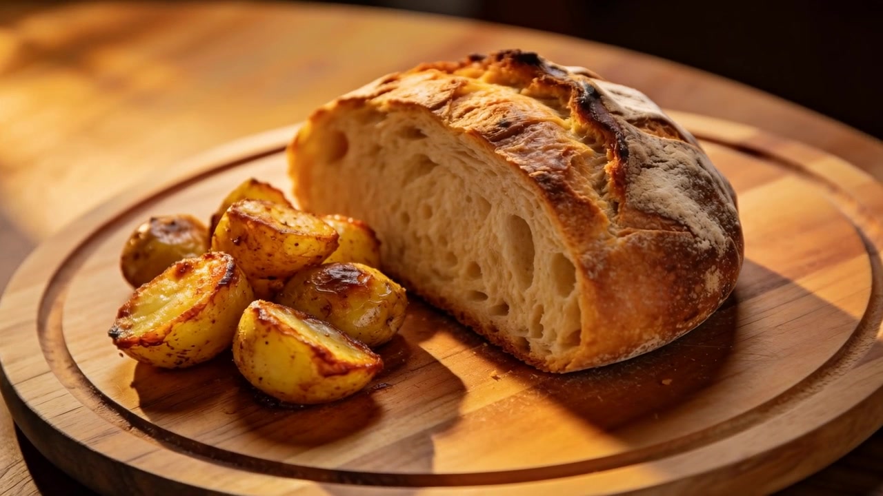 Telecamera che si avvicina, mostrando una pagnotta rustica tagliata a metà e patate novelle arrostite su un tagliere, per mostrare la mollica.