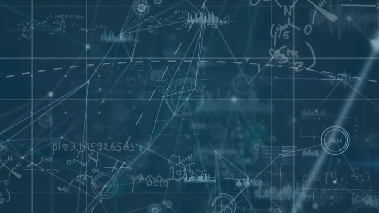 Animation of mathematical equations and data processing over black background