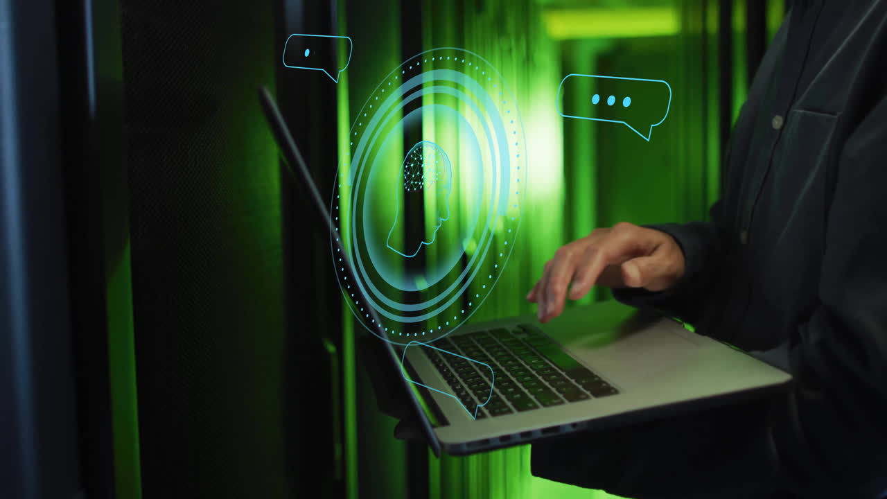 animación de procesamiento de datos de la ia sobre un hombre afroamericano usando una computadora portátil