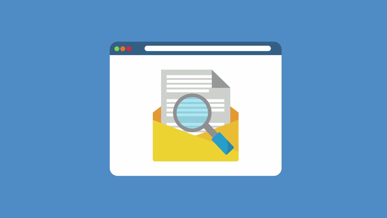 Animiertes Browserfenster öffnet sich und zeigt E-Mail mit Lupe an