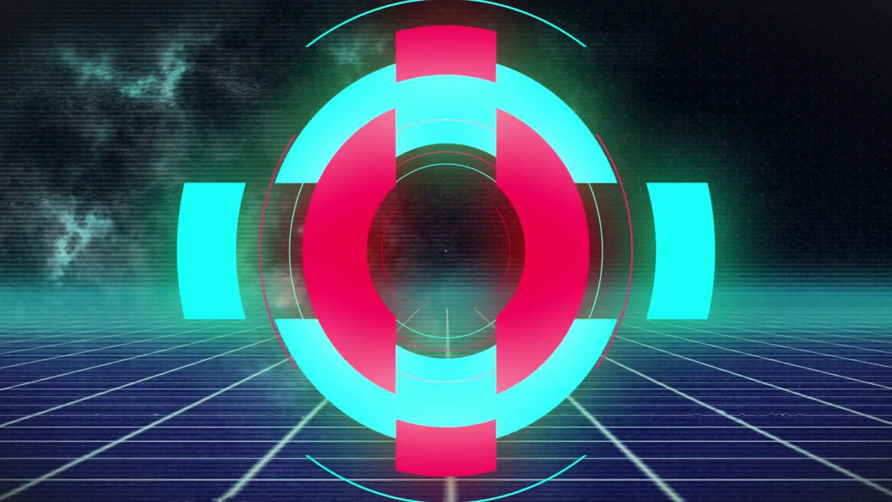 At one second in neon bars appearing, forming rotating pulsing rings, dissolving restoring grid sky