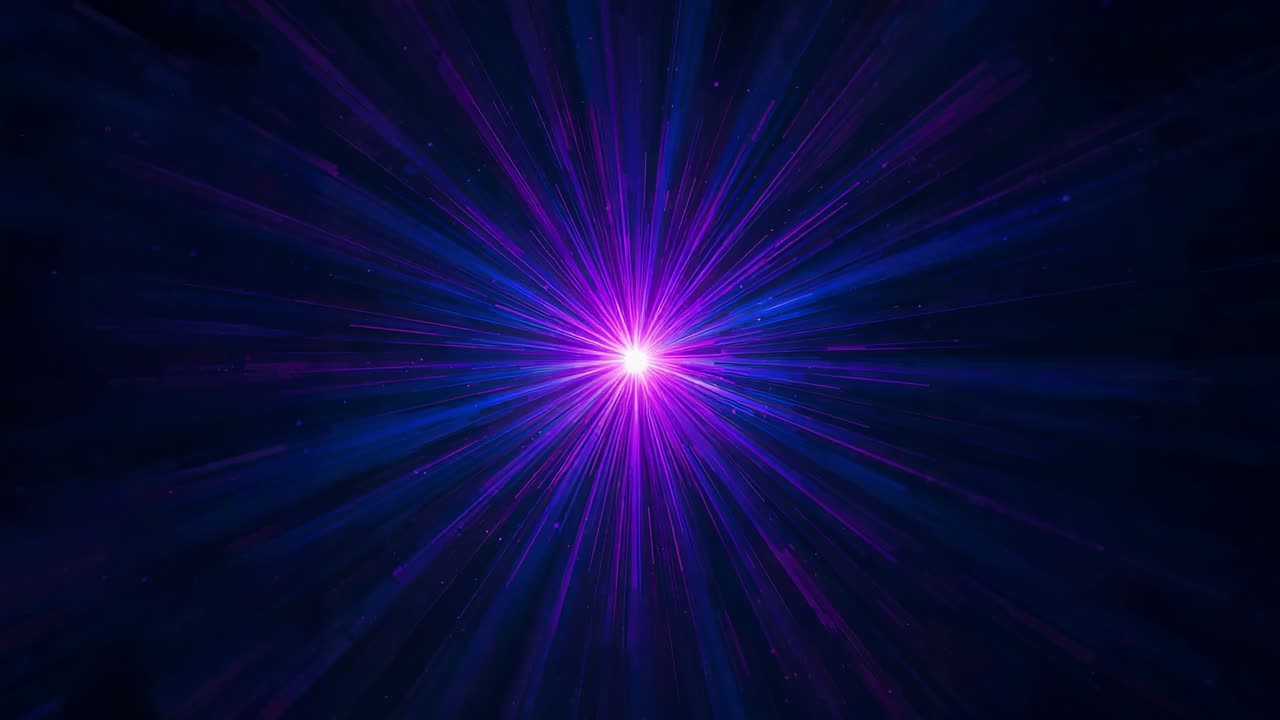 Magenta core pulsing after frames in navy void, sending blue-purple rays, halo forming starburst