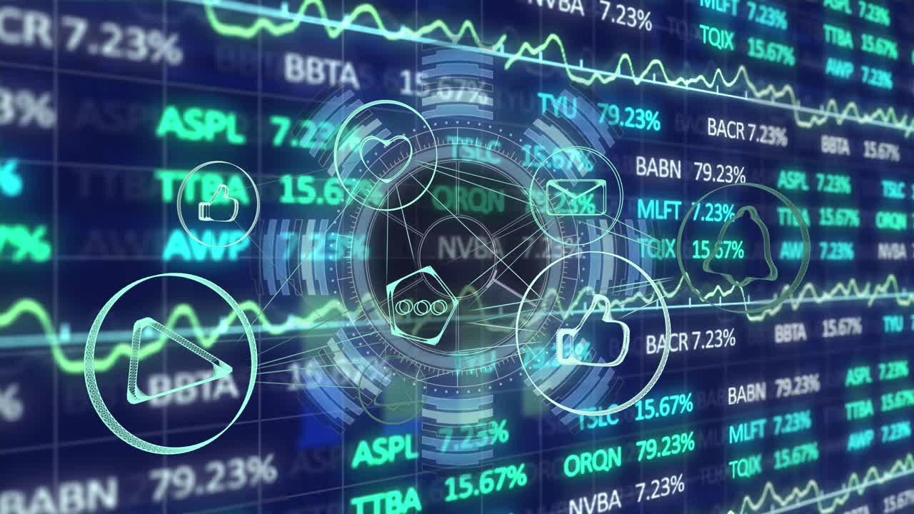 animación del procesamiento de datos financieros a través de una red de conexiones con iconos
