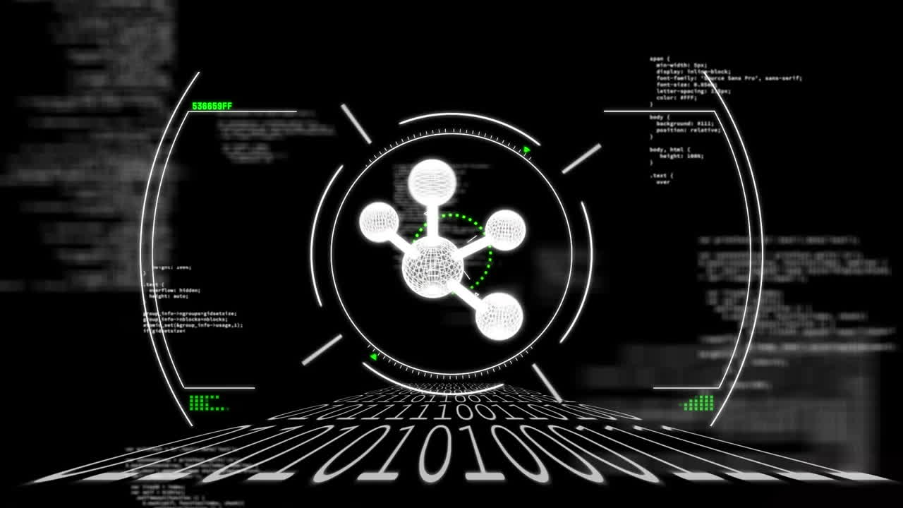 animación de escaneo de alcance con molécula sobre procesamiento de datos en fondo negro