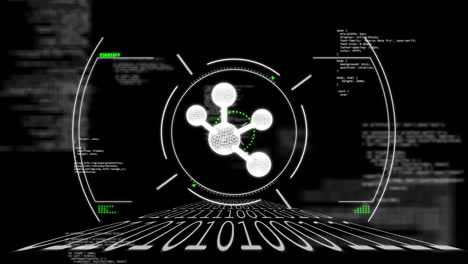 Animation of scope scanning with molecule over data processing on black background
