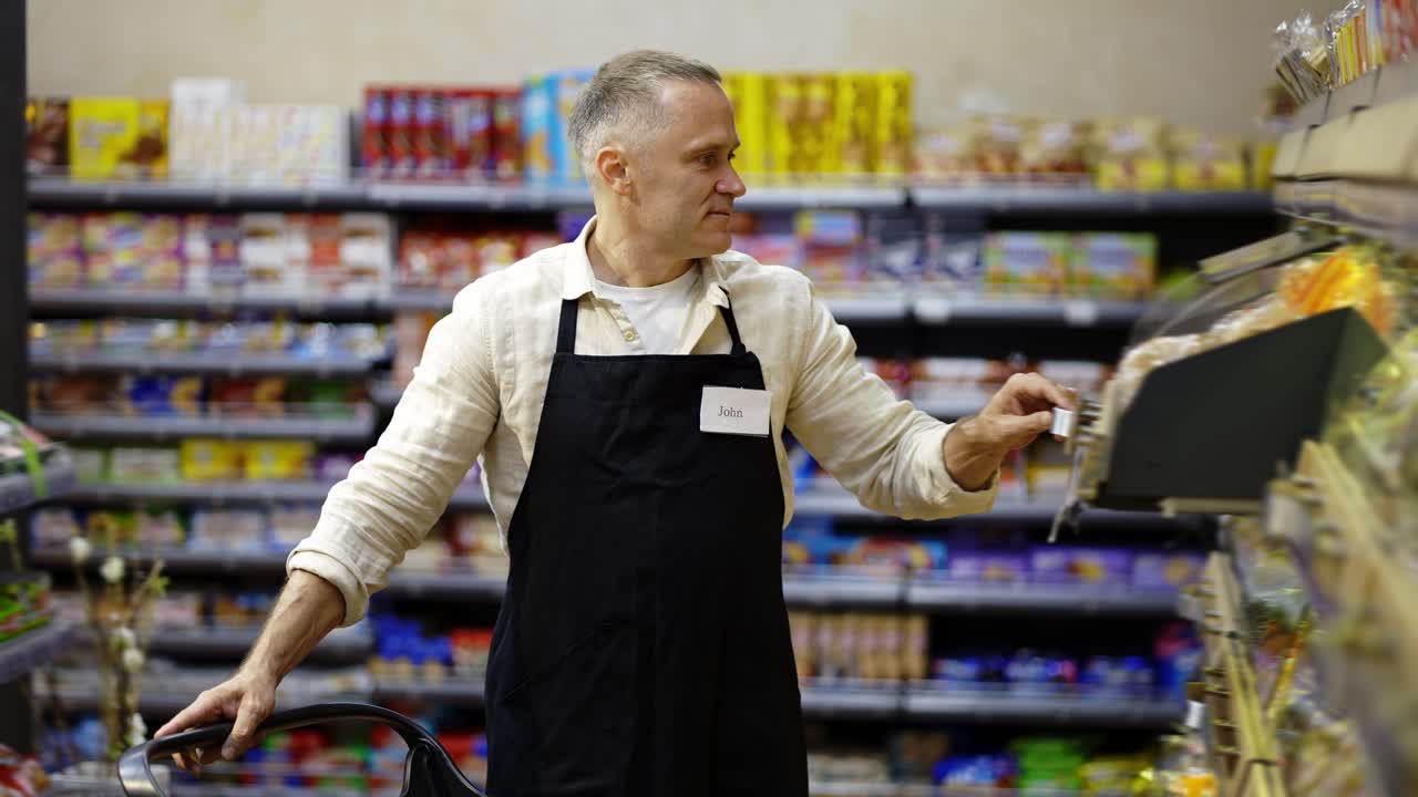 식료품 가게 의 중년 근로자 가 선반 에 상품 을 놓는다. 상점 에서 베이커리 제품 을 다루고 있다. 선반 에 있는 상품 을 통제 한다