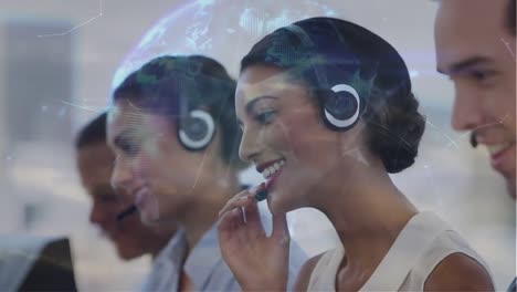 Animation-of-globe-over-business-people-using-phone-headsets