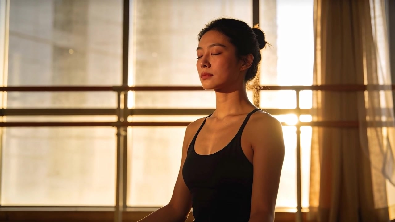 Donna in meditazione vestita di nero che tiene un mudra e respira in uno studio soleggiato, mentre la telecamera zooma.