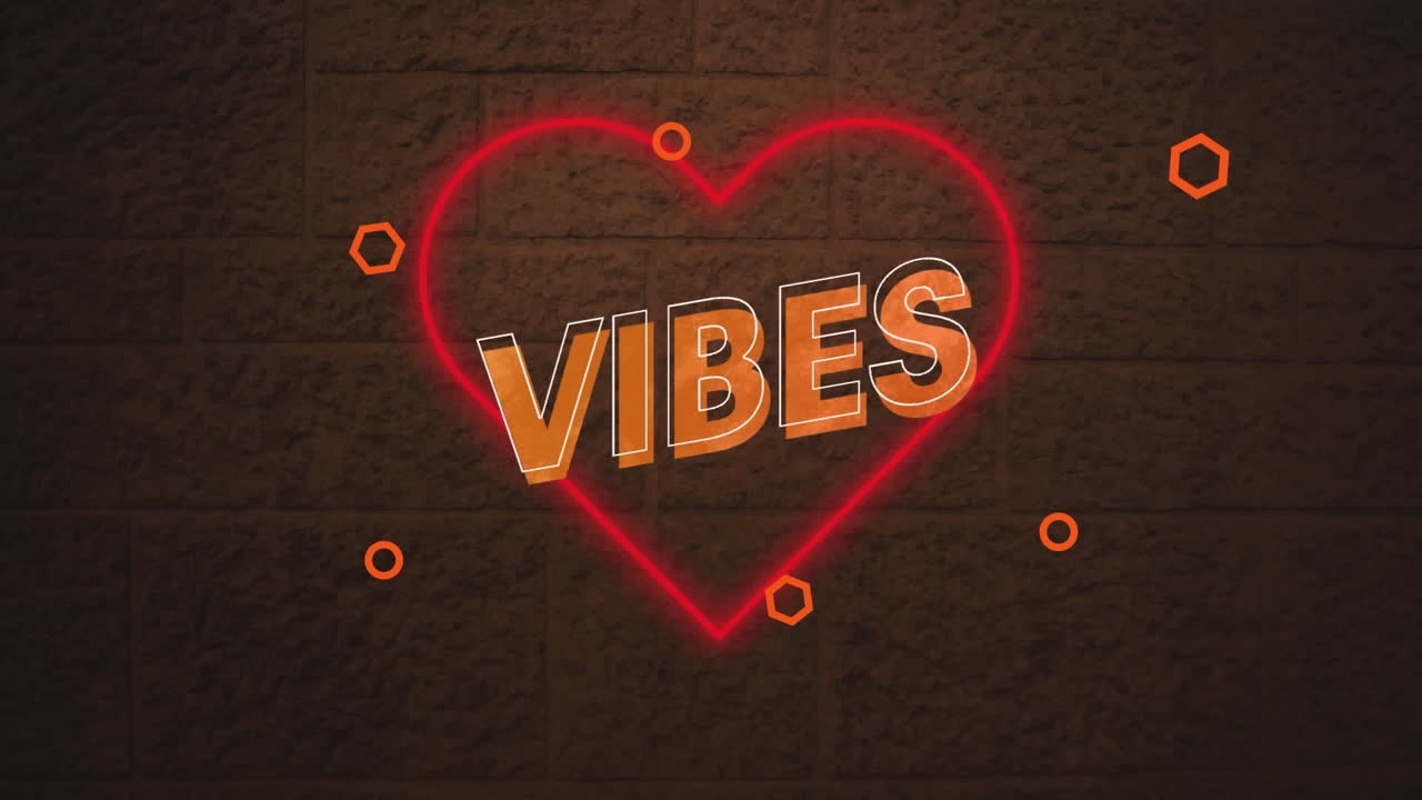 animación digital de vibraciones banner de texto sobre el icono de corazón rojo de neón contra la pared de ladrillo