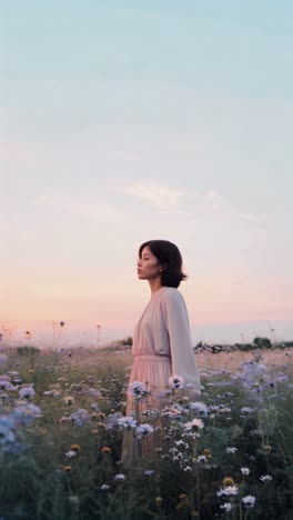 A serene video still of a woman in a field of wildflowers at sunset