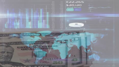 procesamiento de datos financieros sobre el mapa del mundo contra la persona que cuenta dólares estadounidenses